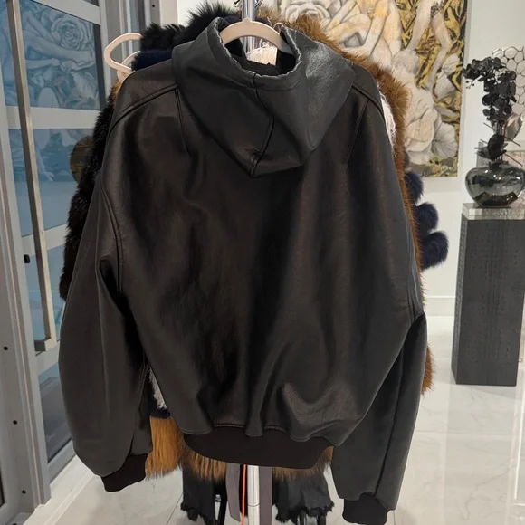 The Frankie Shop Black Leather Hooded Bomber Jacket - Picture 2 of 4